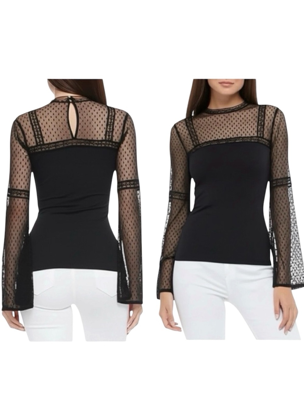 Halogen Lace Mesh Mock Neck Swiss Dot Split Back Long Sleeve Top Black Evening